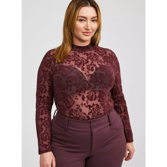 TORRID Tops - TORRID Burgundy FLORAL Mock Neck Long Sleeve SHEER Top WOMENS PLUS SIZE 0 12 14
